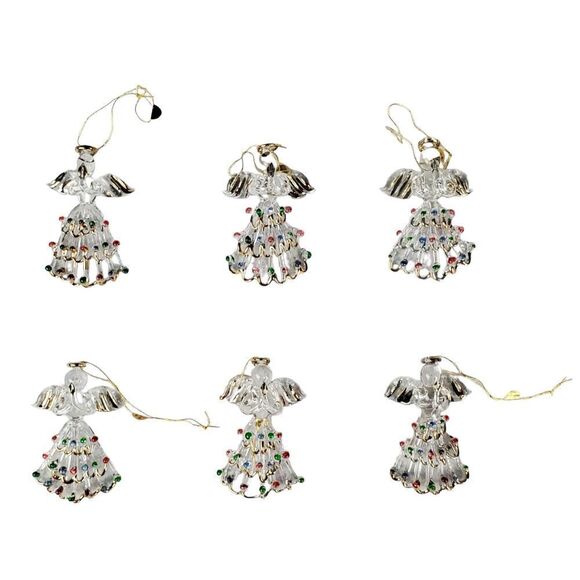 Spun Glass Angels Christmas Tree Ornaments Clear Gold Holiday Gift Lot of 6 - Picture 1 of 9